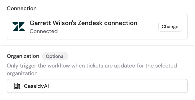 Selecting a Zendesk organization to filter updated tickets