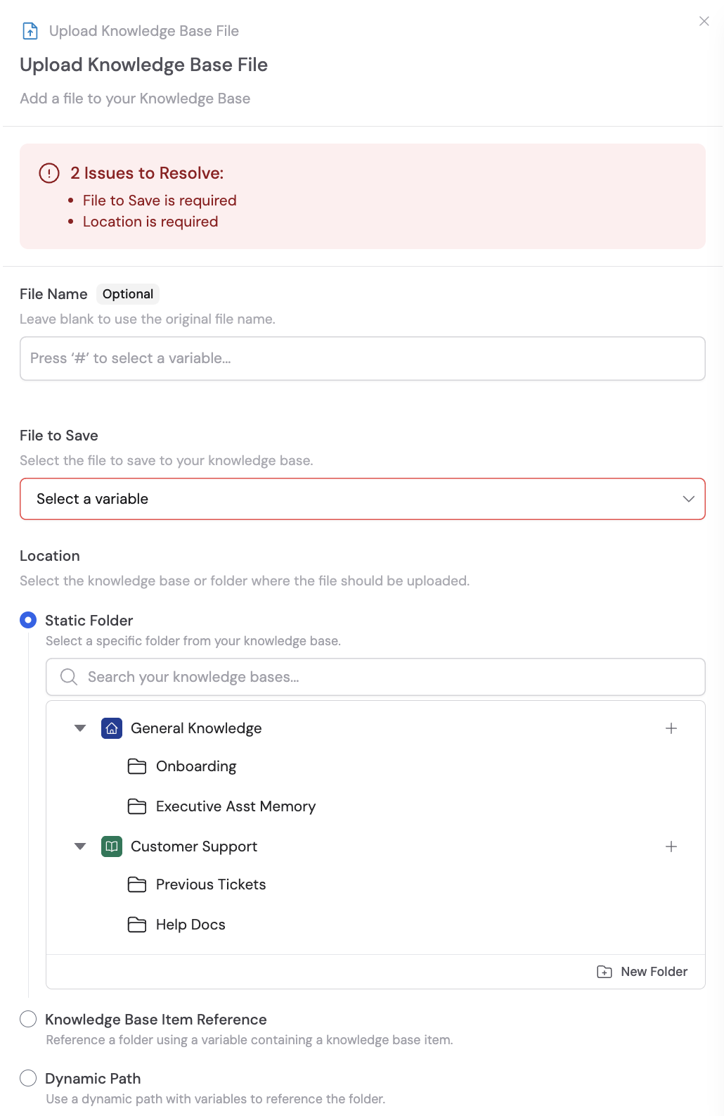 Upload Knowledge Base File action added to the Workflow