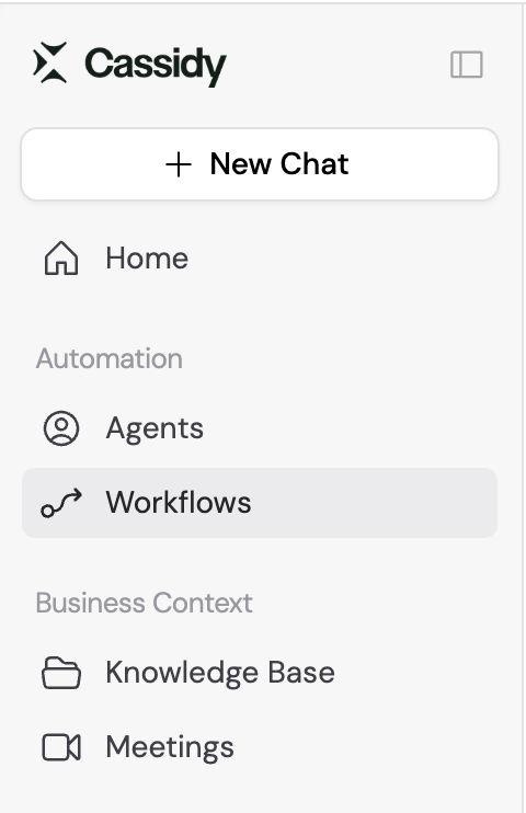 Cassidy left sidebar with Workflows highlighted under Automation