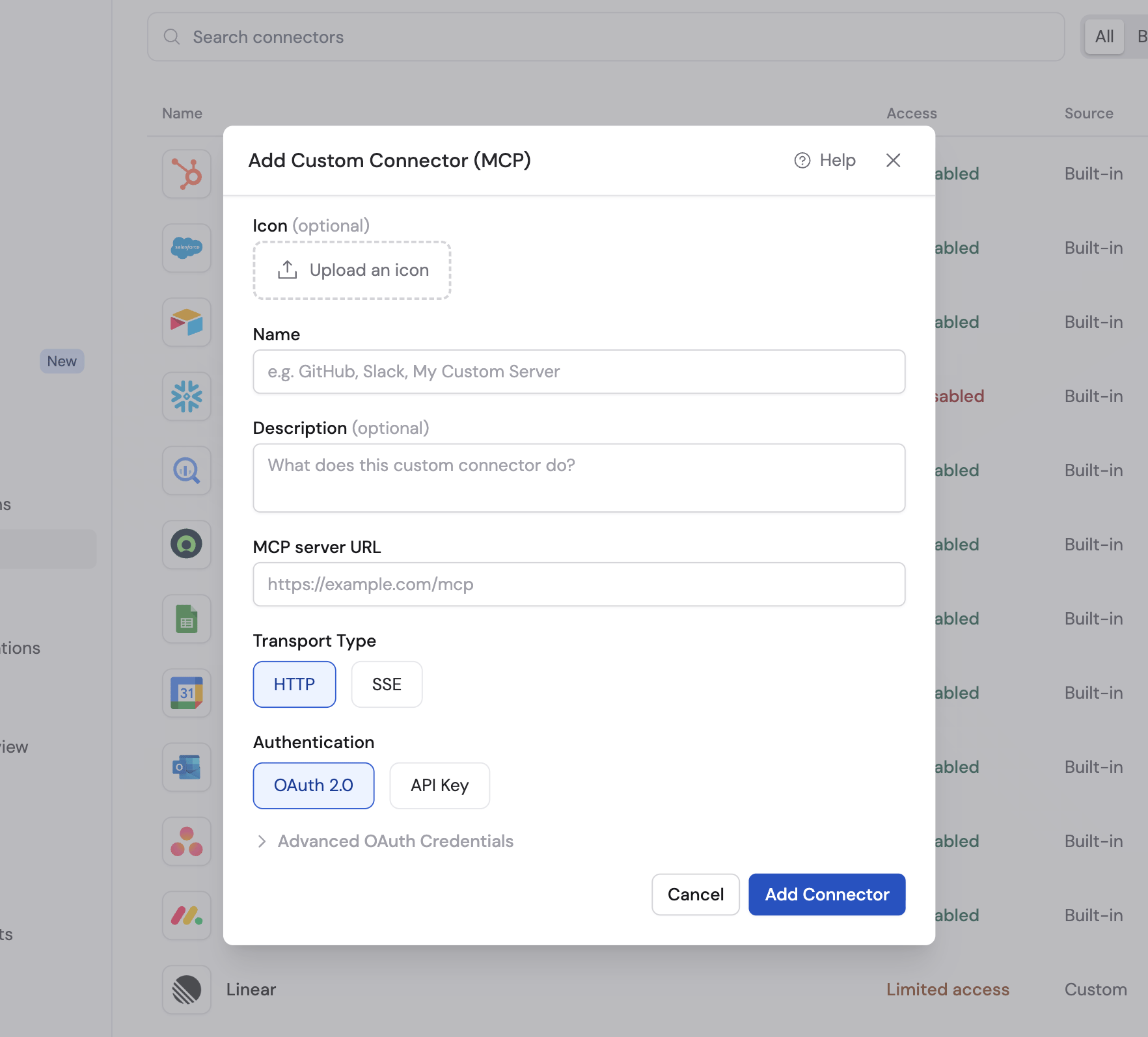 Add Custom Connector modal with fields for icon, name, description, MCP server URL, transport type, and authentication