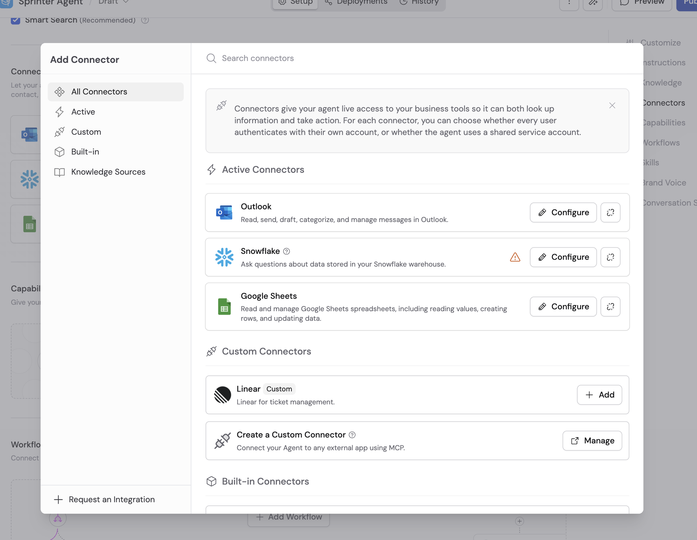 Add Connector modal in the Agent editor showing Active, Custom, and Built-in Connector sections