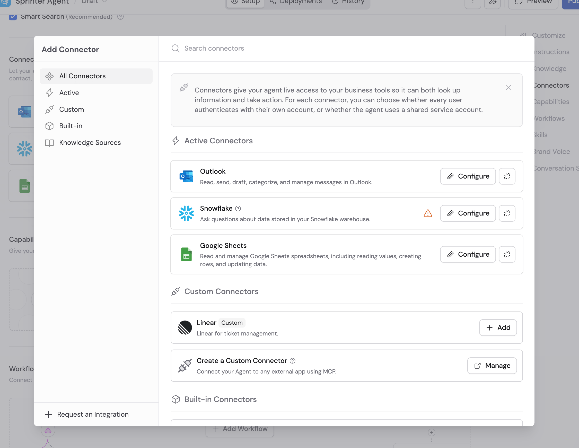 Add Connector modal in the Agent editor showing Active, Custom, and Built-in Connector sections