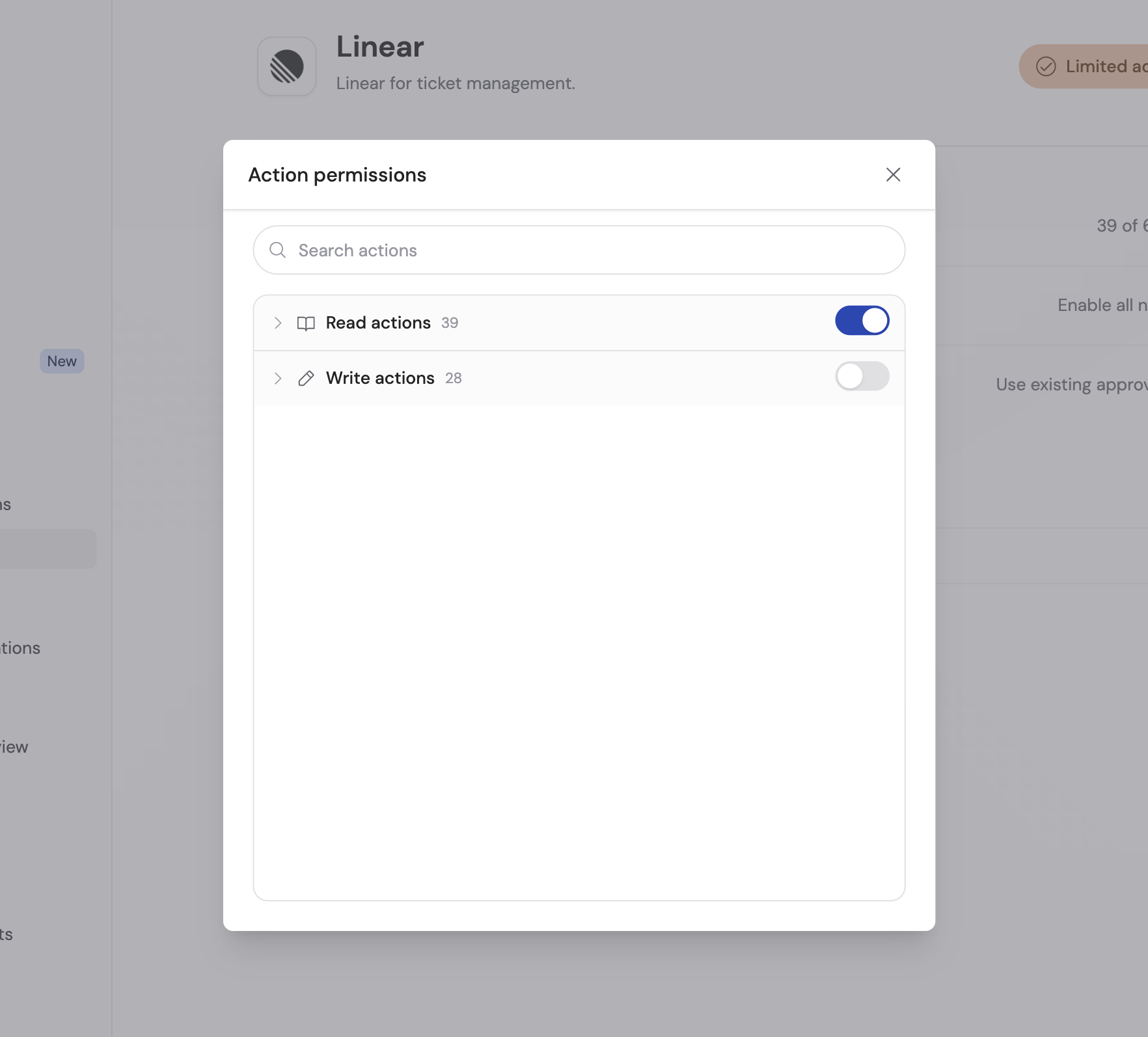 Action permissions modal for a Custom Connector with Read actions enabled and Write actions disabled