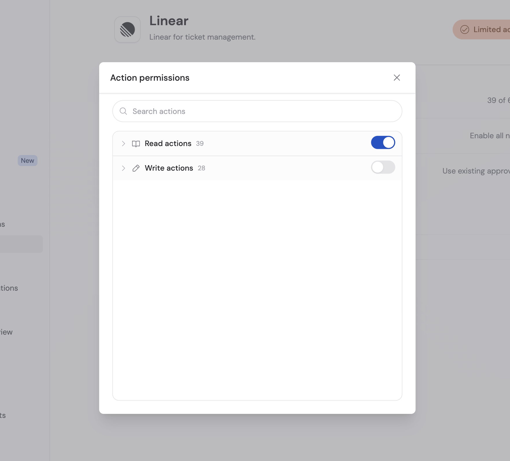Action permissions modal for a Custom Connector with Read actions enabled and Write actions disabled