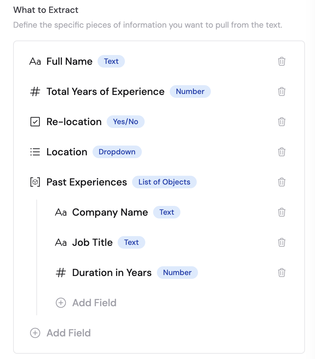 Field settings showing name, type, and description
