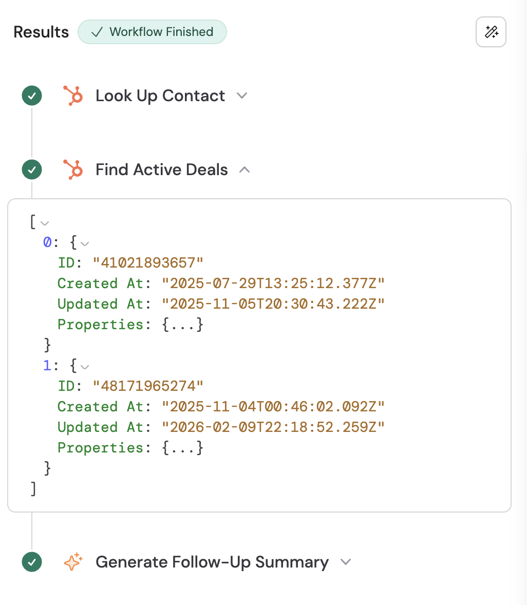 Workflow output showing retrieved associated records