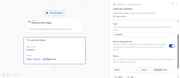 Look Up HubSpot Record action to find a contact by email