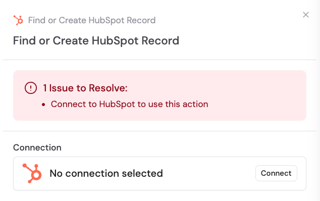 Selecting the Find or Create HubSpot Record action from the action list