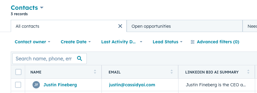 Sample output showing the newly created record details