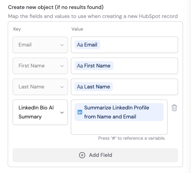 Mapping fields for creating a new HubSpot record when no match is found