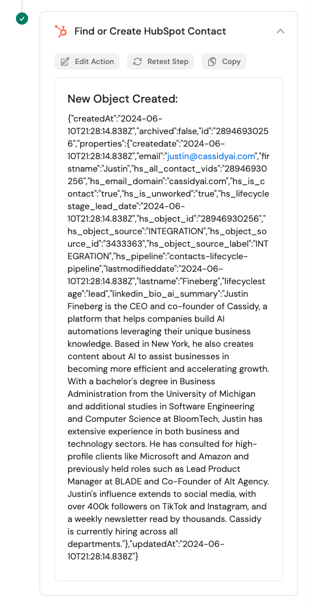 Sample output when a new record is created