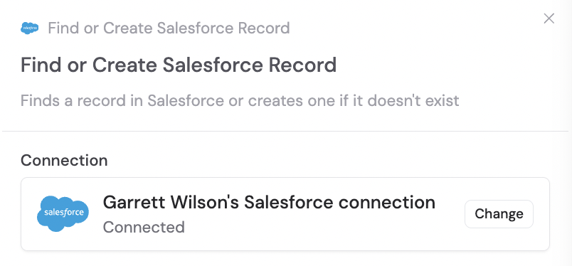 Salesforce connection prompt in the action configuration