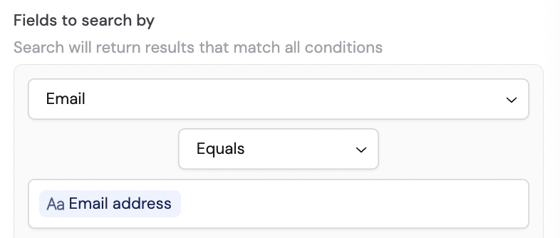 Search criteria configuration with field, operation, and value