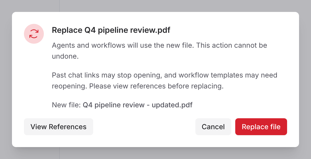 Replace file dialog showing what changes when the file is replaced, the selected new file, and the View References button