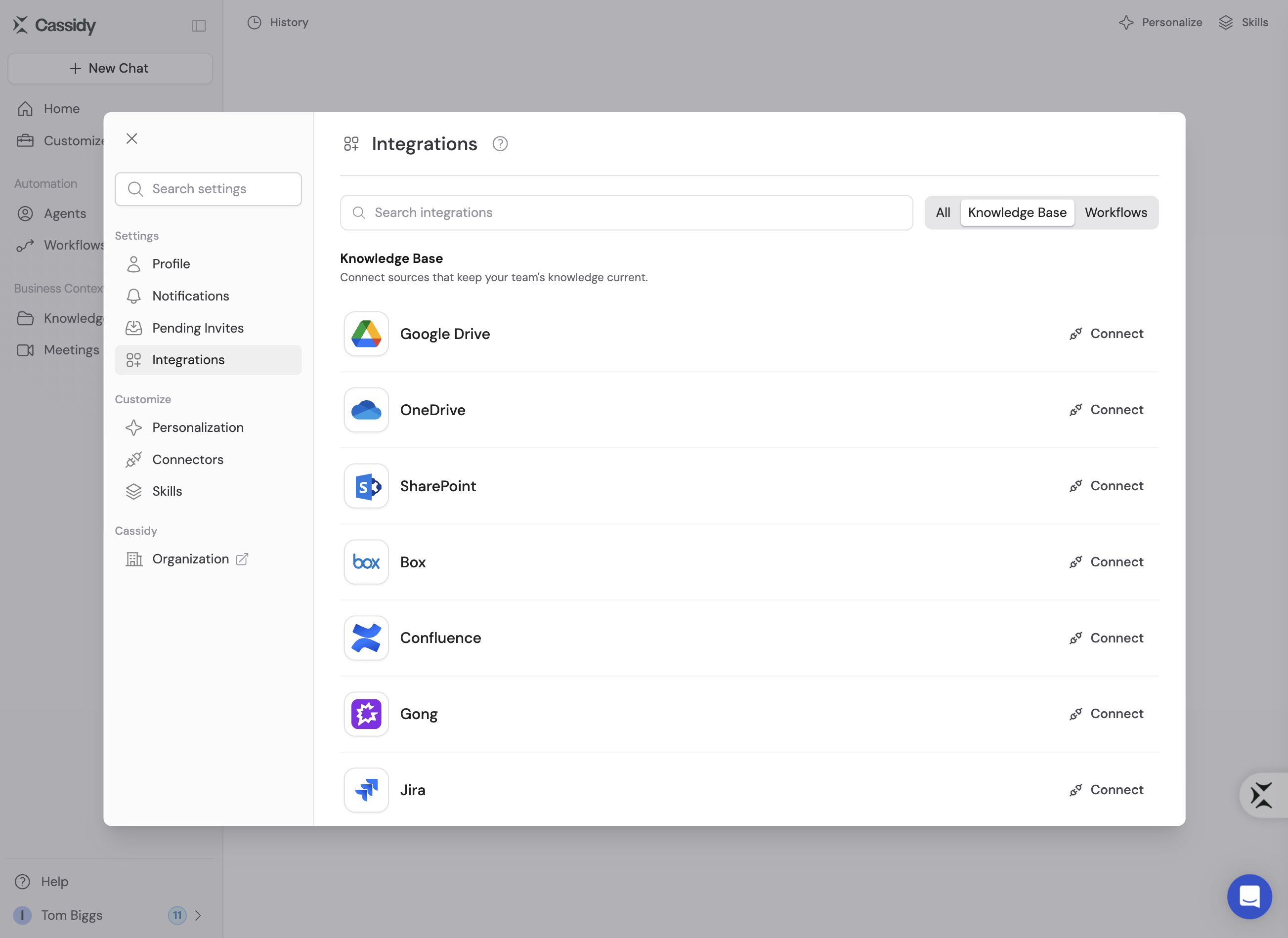 Integrations page in Account Settings filtered to Knowledge Base integrations