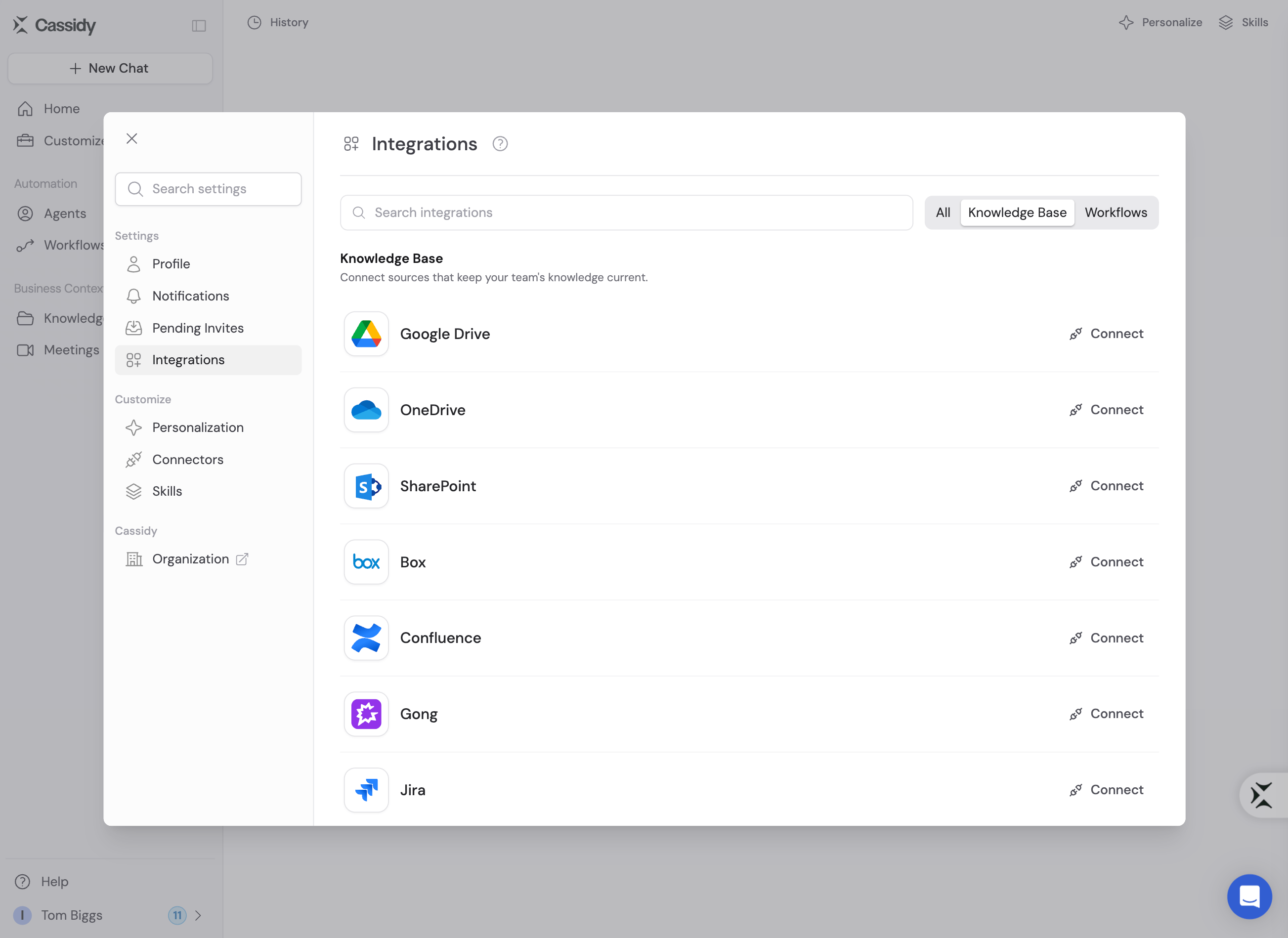 Integrations page in Account Settings filtered to Knowledge Base integrations