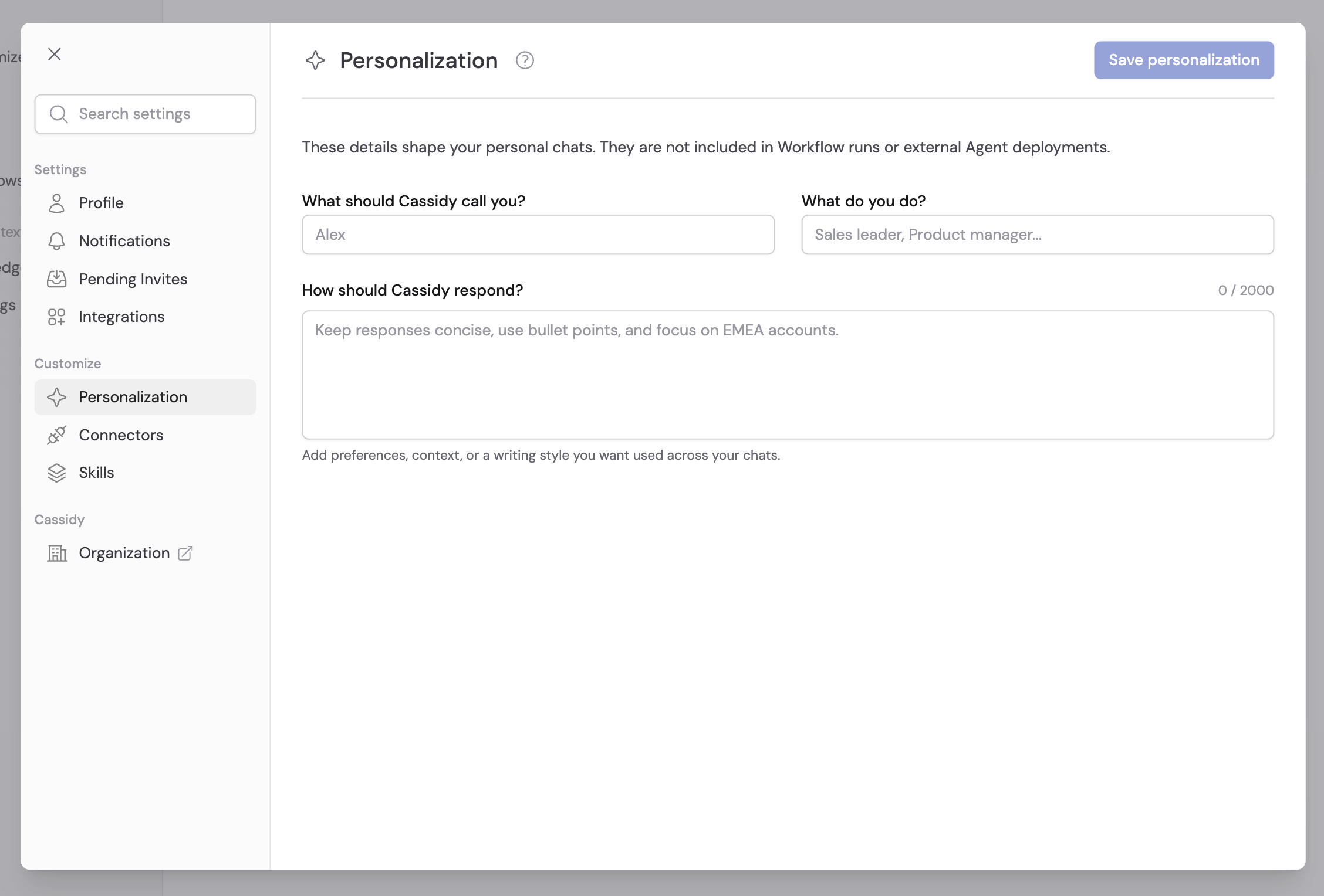 Personalization settings showing fields for your name, role, and response preferences