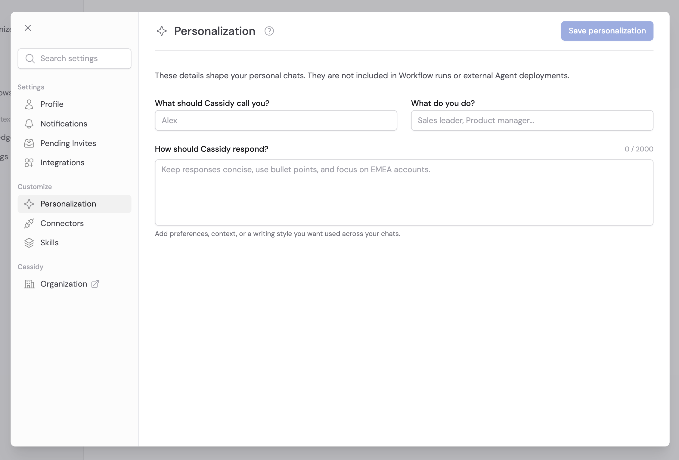 Personalization settings showing fields for your name, role, and response preferences