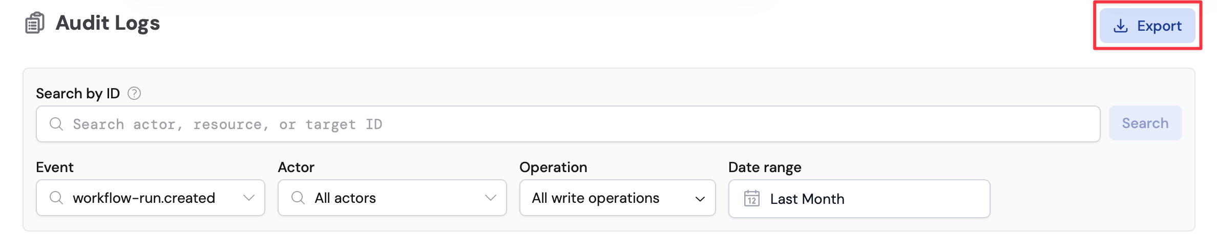Audit Logs page with the Export button highlighted in the top-right corner