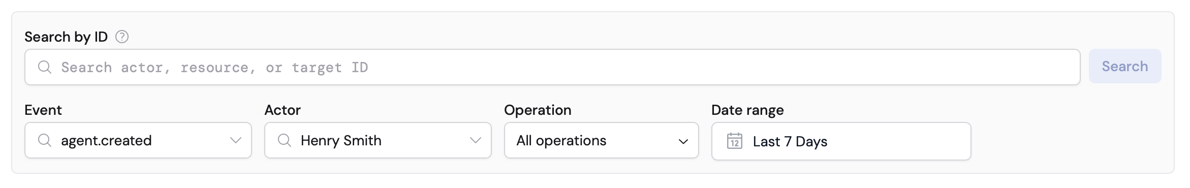 Audit Logs Search by ID field with Event, Actor, Operation, and Date range filters