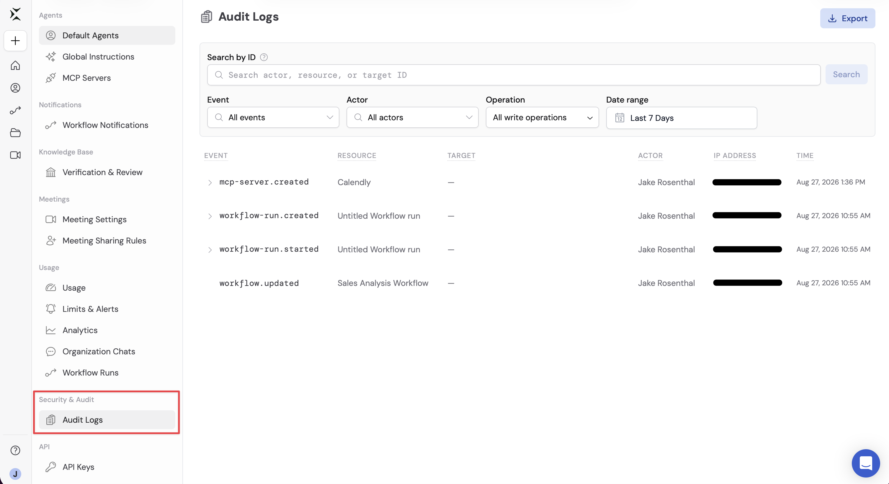Audit Logs page in Organization Settings with the Audit Logs sidebar item selected, filters, and event table