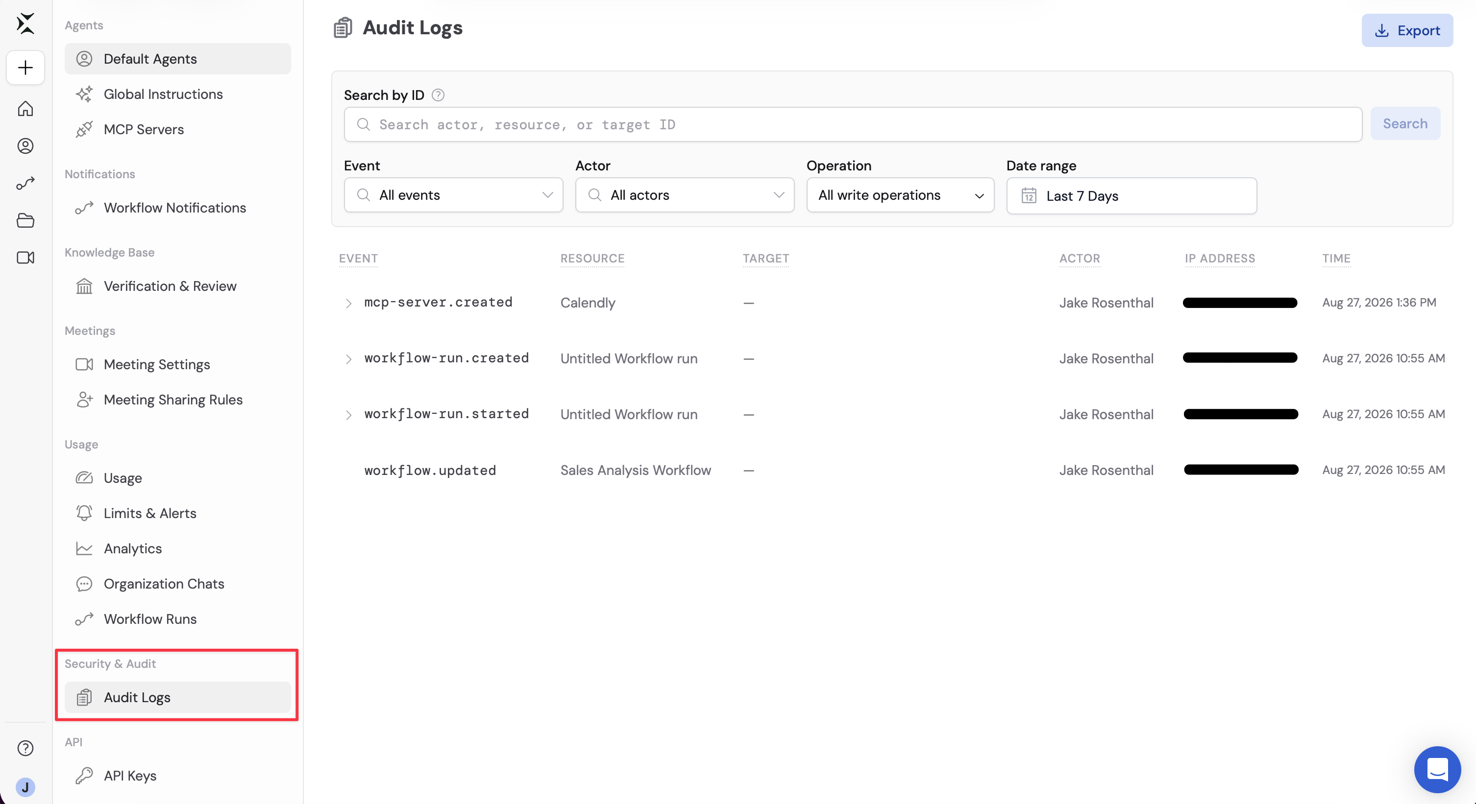 Audit Logs page in Organization Settings with the Audit Logs sidebar item selected, filters, and event table