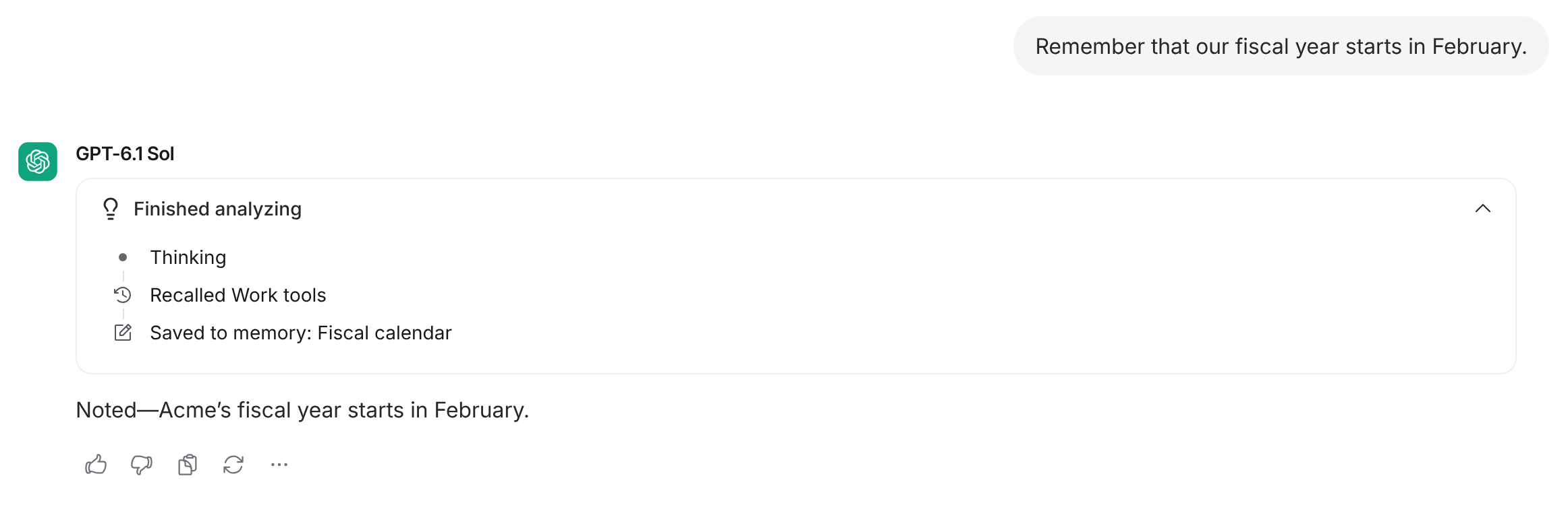 Chat where the user asks the Agent to remember something and the chat shows a Saved to memory step