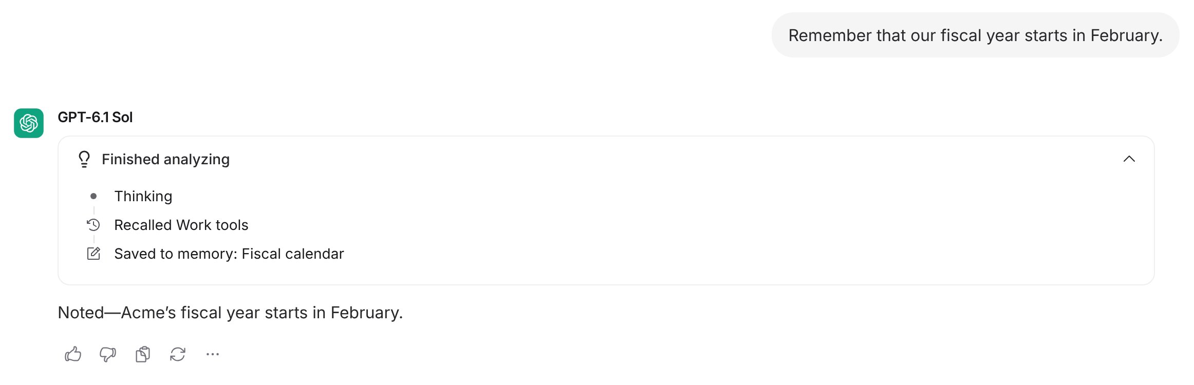 Chat where the user asks the Agent to remember something and the chat shows a Saved to memory step
