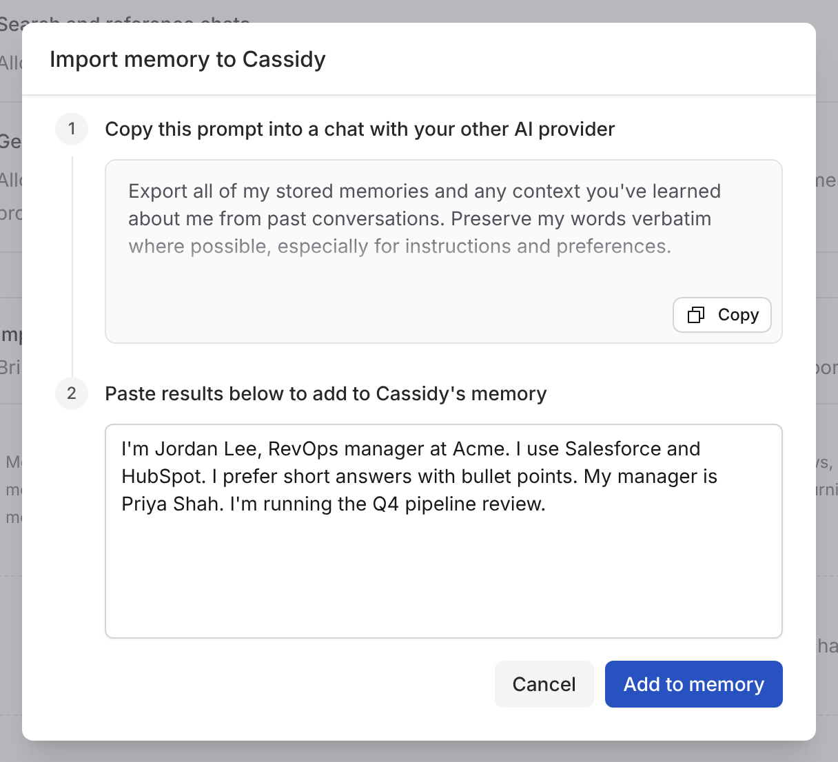 Import memory modal with a prompt to copy into another AI assistant and a box to paste its reply