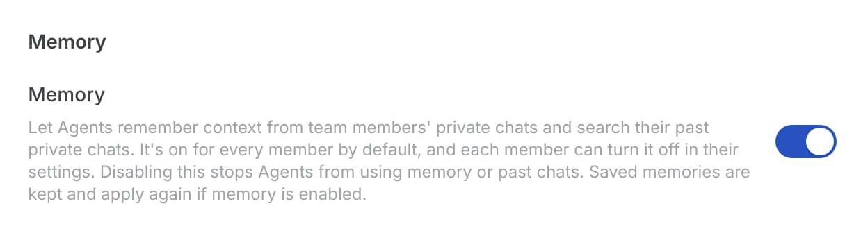 Organization Controls page with the Memory setting