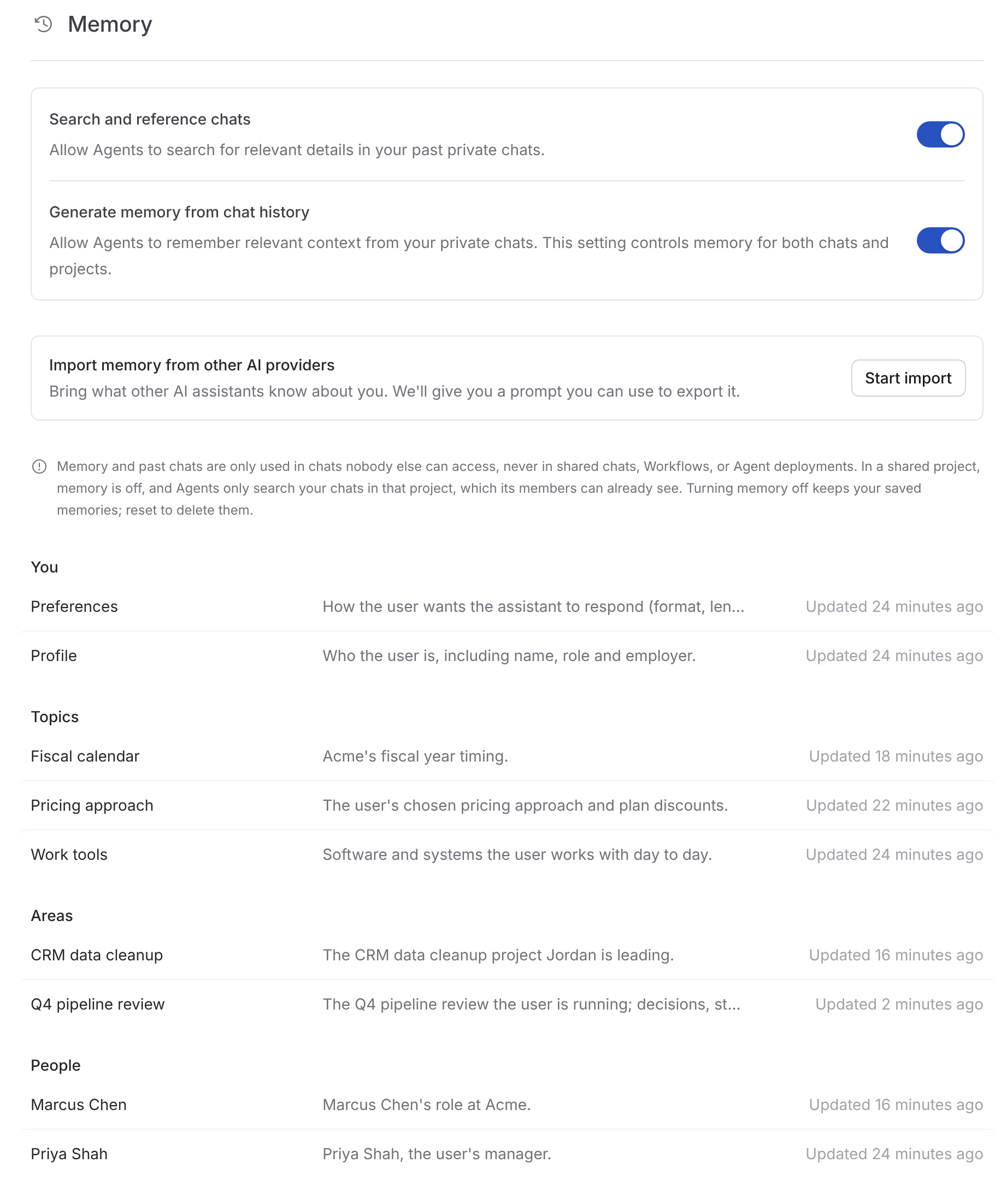Memory settings showing the chat search and memory toggles, the import row, and saved memories grouped into You, Topics, Areas, and People