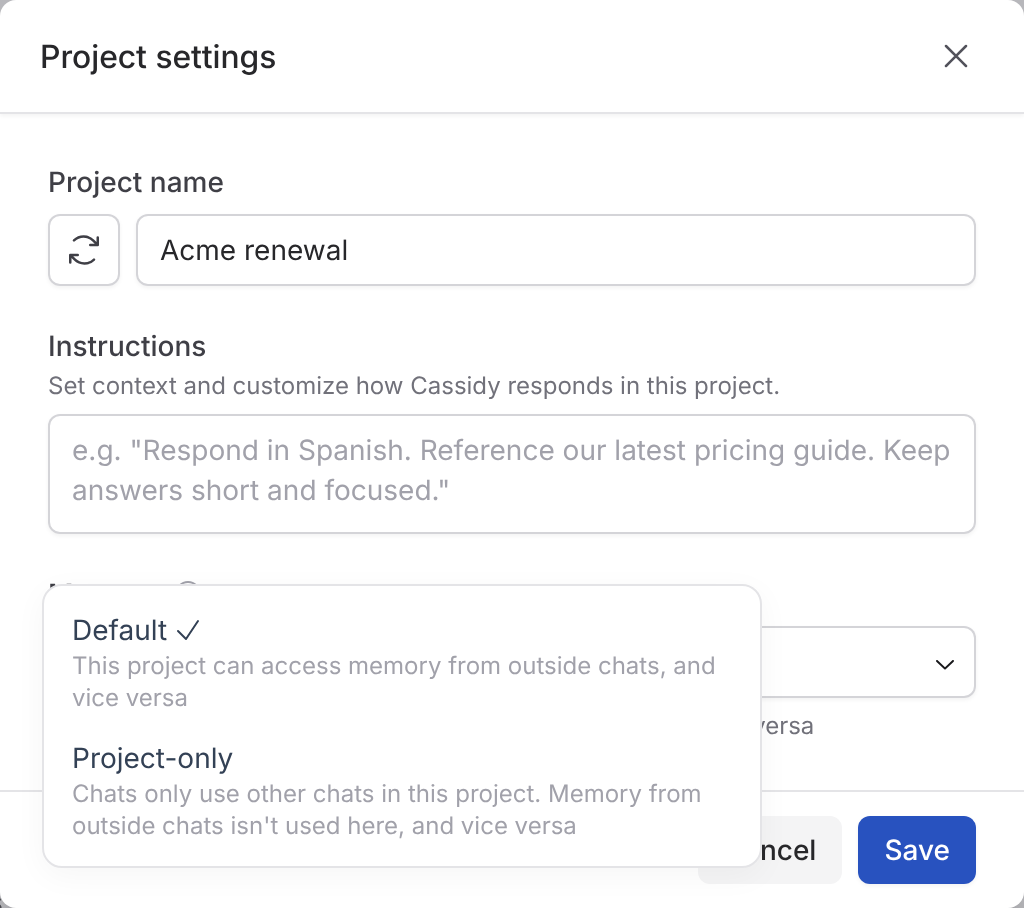 Memory dropdown in Project settings with Default and Project-only options and their descriptions