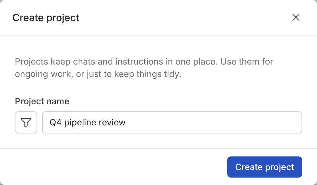 Create project dialog with the name Q4 pipeline review, a suggested icon beside the name, and the Create project button