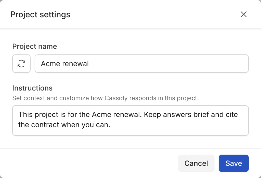 Project settings dialog with the project name, icon, and instructions filled in, and the Save button