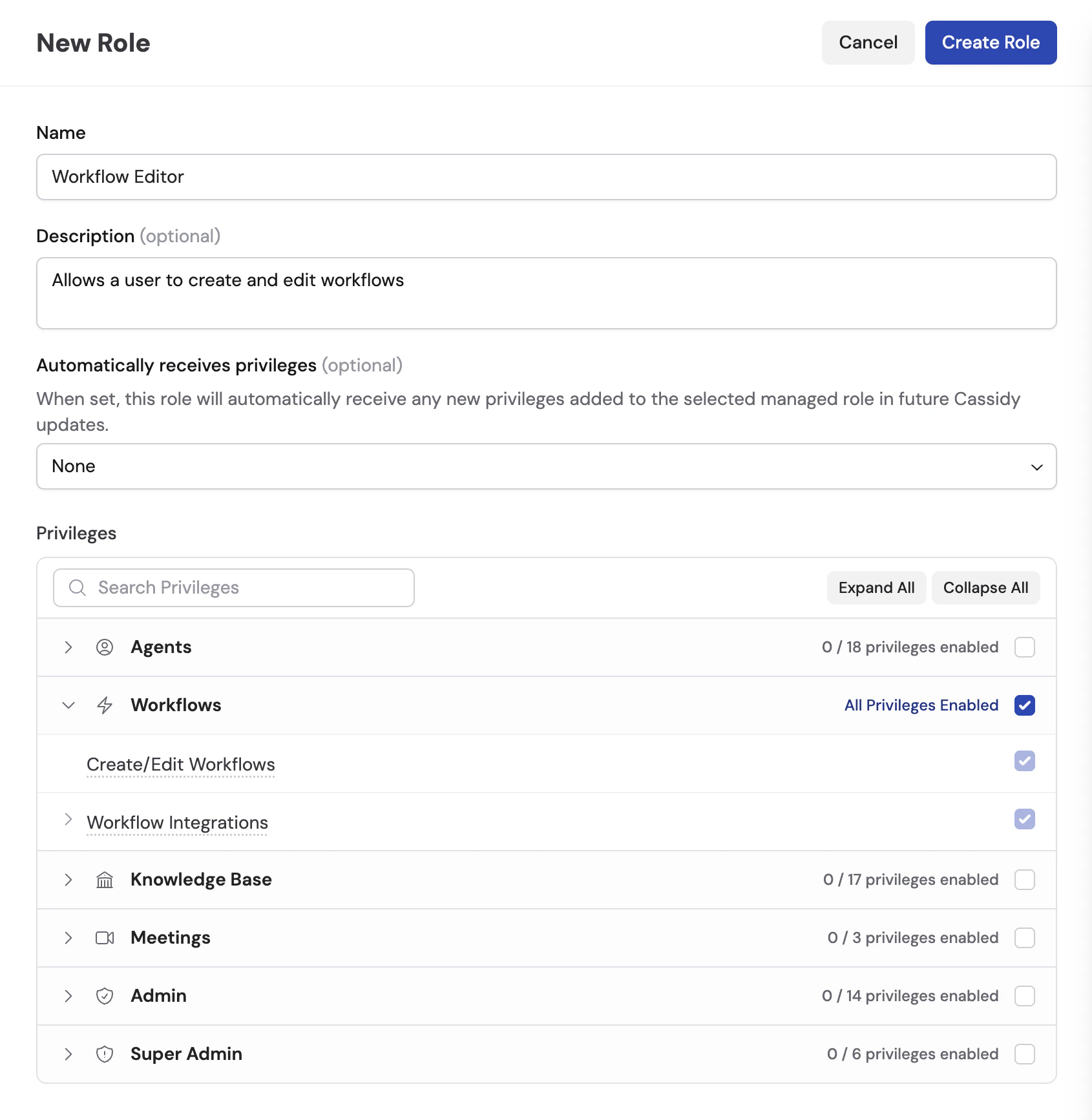 Create Role page with name and description fields