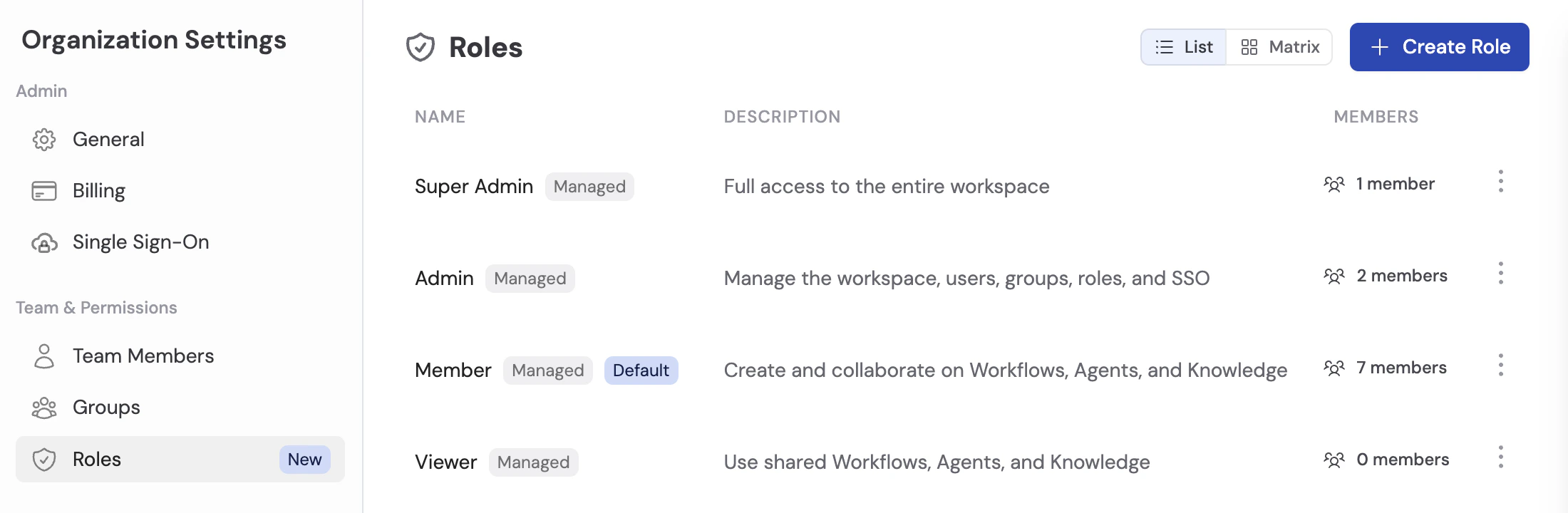 Roles page in Organization Settings showing list of managed roles