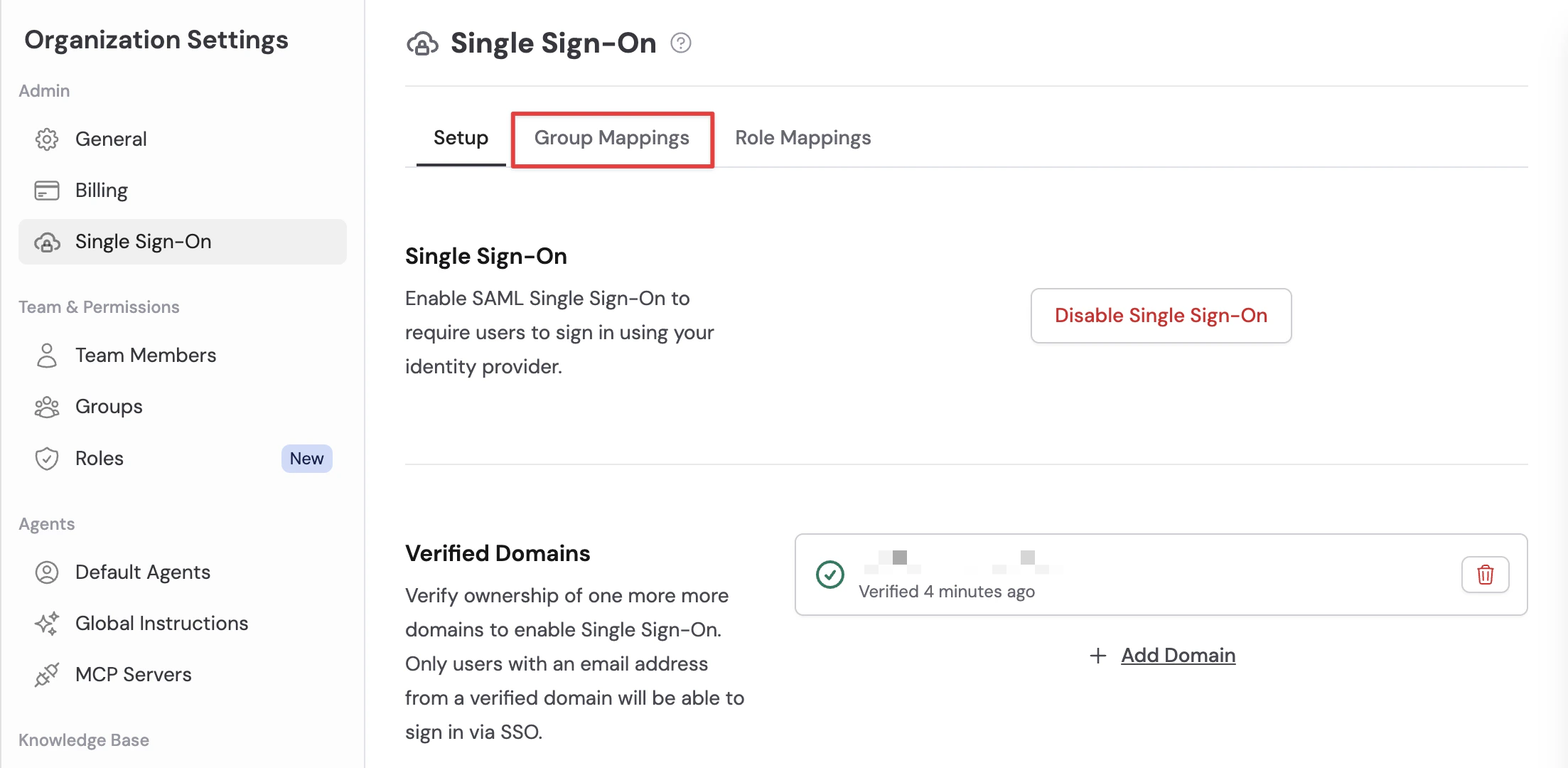 Single Sign-On page in Organization Settings with Group Mappings tab highlighted