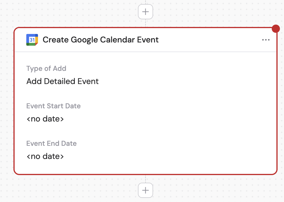 Adding the Create Google Calendar Event action in the Workflow builder