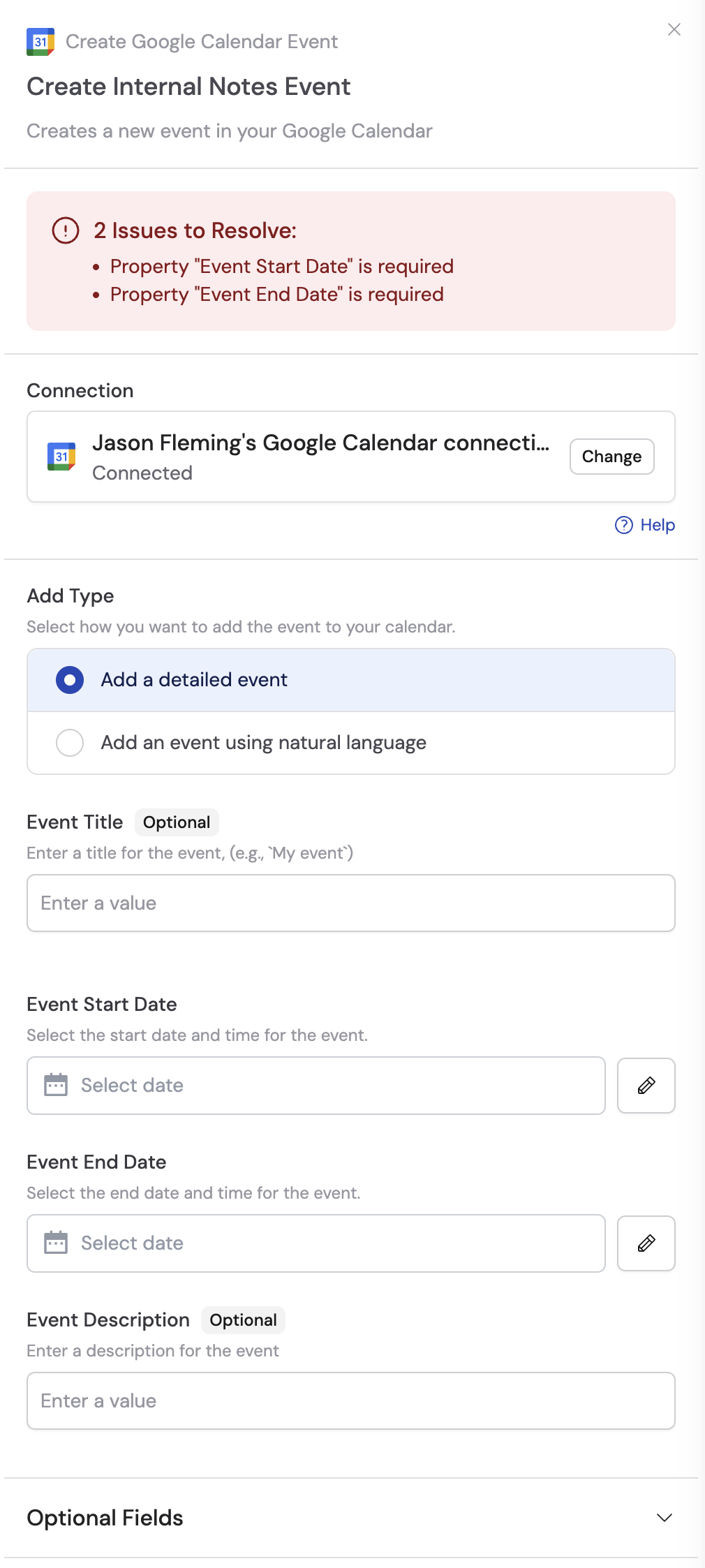 Connecting Google Calendar in the action configuration