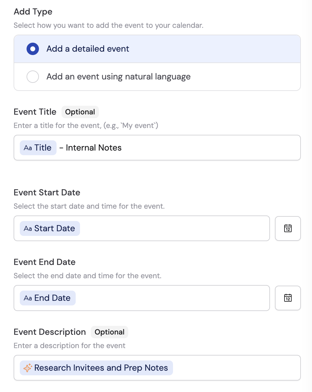 Detailed Event add type with title, start, end, and description fields