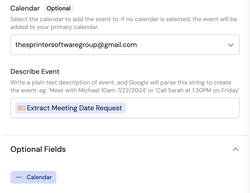 Calendar selection in optional settings