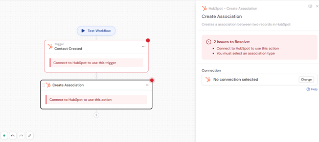 Selecting the Create Association action from the action list