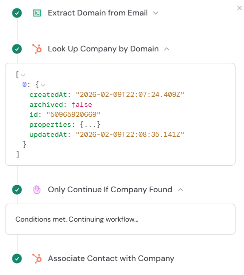 Workflow output confirming the association was created