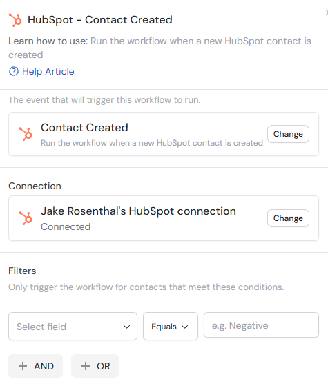 HubSpot Contact Created trigger configuration