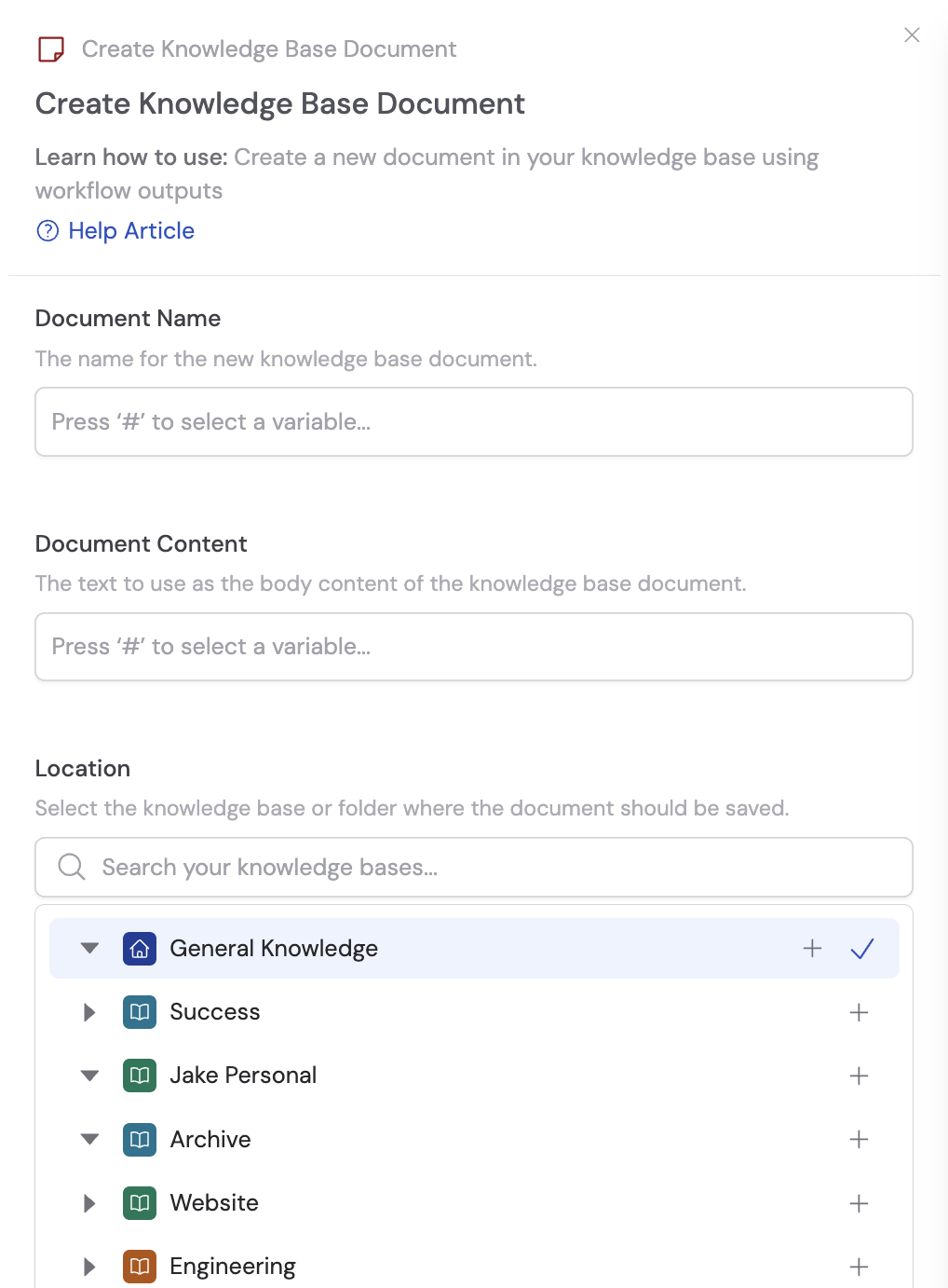 Create Knowledge Base Document action added to the Workflow