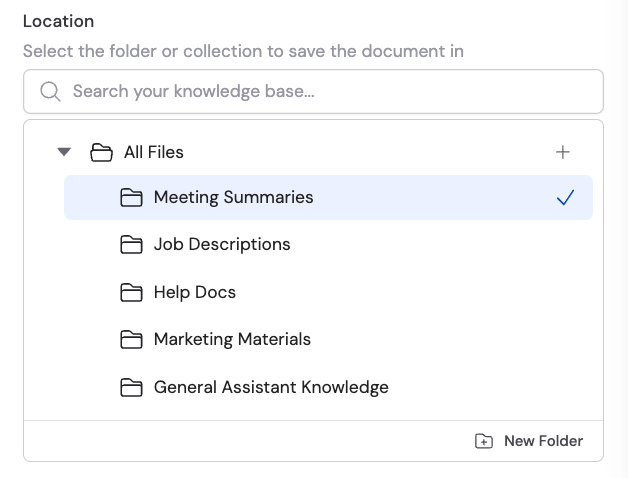 Location selector showing Knowledge Base folders