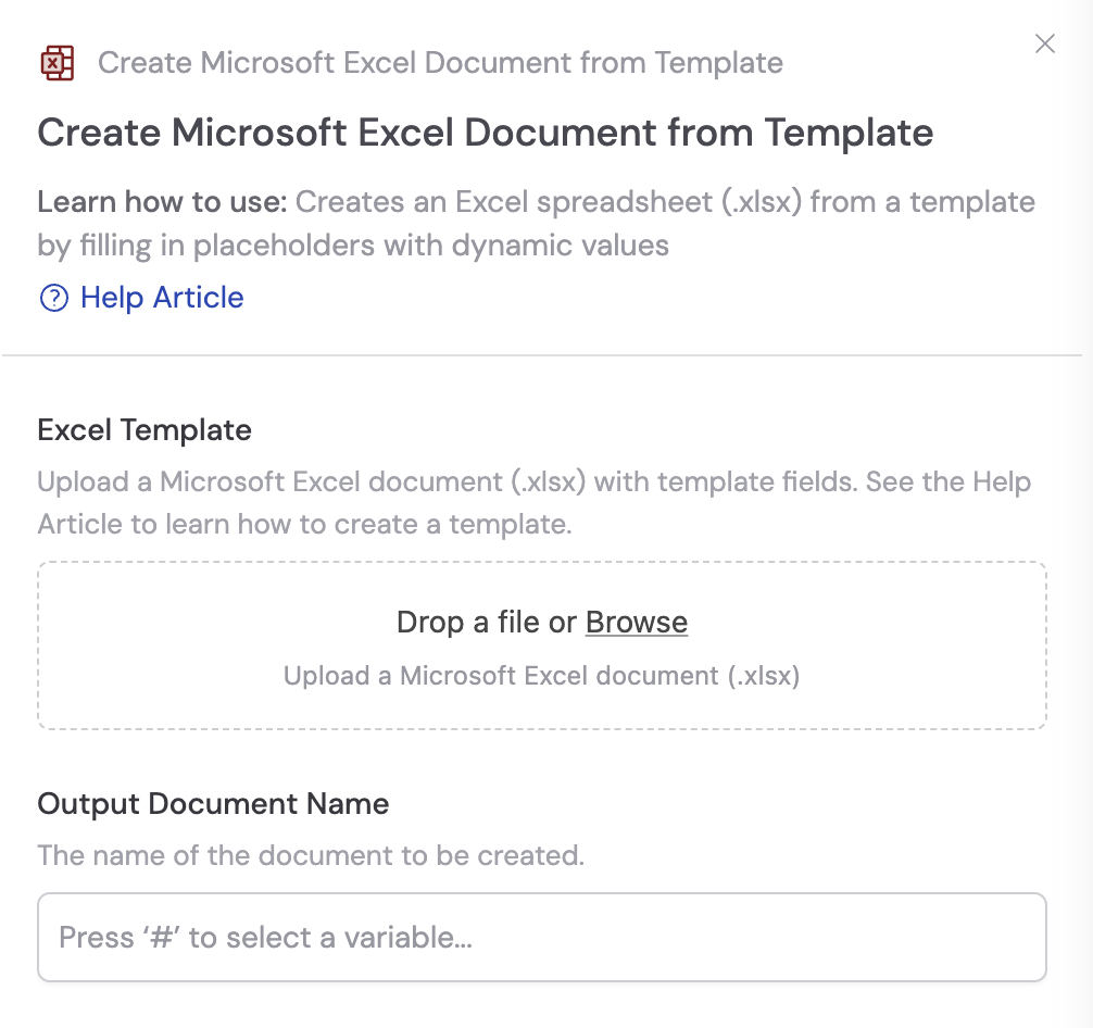 Adding the Create Microsoft Excel Document from Template action between blocks