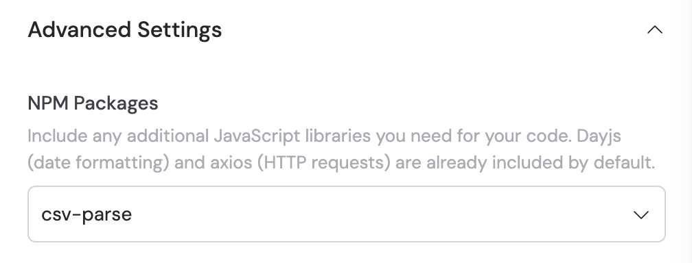 NPM packages search and selection in Advanced Settings