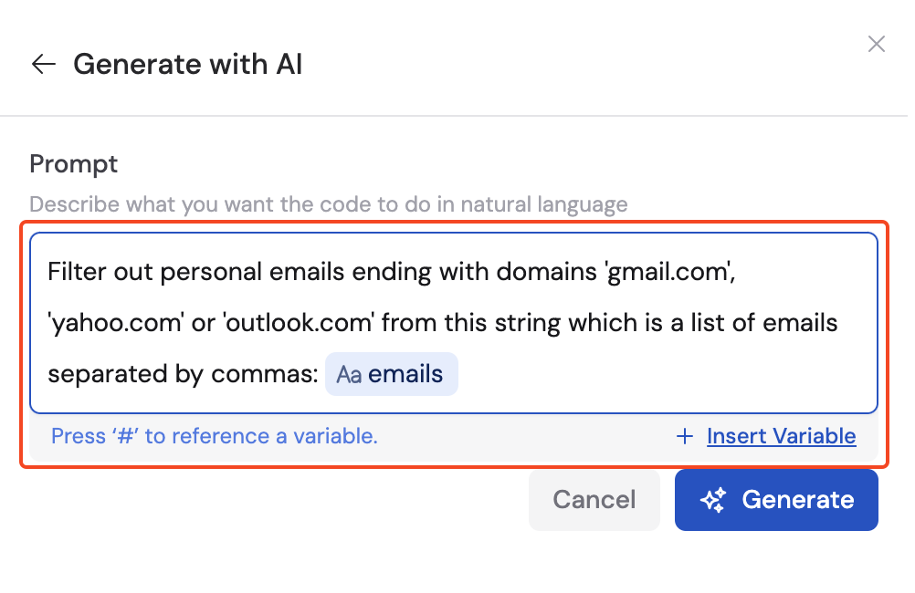 AI prompt field with variable reference for code generation