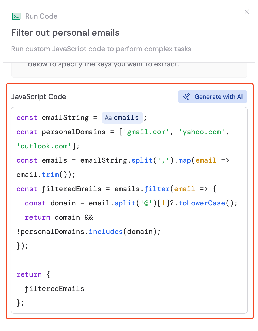 Generated JavaScript code from the AI prompt